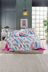 Set lenjerie de pat, DemoHome DEPPO, dublu king size din bumbac satinat (polycotton) cu model de OENE DE VIS, ALB acasa – cearceaf plic, cearceaf pat, 2 fete de perna