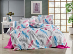 Set lenjerie de pat, DemoHome DEPPO, dublu king size din bumbac satinat (polycotton) cu model de OENE DE VIS, ALB acasa – cearceaf plic, cearceaf pat, 2 fete de perna