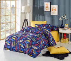 Set lenjerie de pat, DemoHome DEPPO, dublu king size din bumbac satinat (polycotton) cu model de GRAFFITI URBAN, BLEUMARIN acasa – cearceaf plic, cearceaf pat, 2 fete de perna