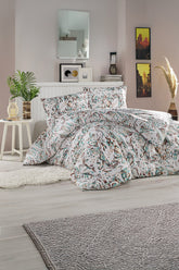 Set lenjerie de pat, DemoHome DEPPO, dublu king size din bumbac satinat (polycotton) cu model de FRUNZE DE ACUARELA VERDE, ALB acasa – cearceaf plic, cearceaf pat, 2 fete de perna