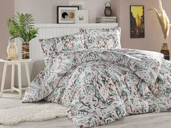 Set lenjerie de pat, DemoHome DEPPO, dublu king size din bumbac satinat (polycotton) cu model de FRUNZE DE ACUARELA VERDE, ALB acasa – cearceaf plic, cearceaf pat, 2 fete de perna