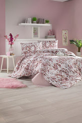 Set lenjerie de pat, DemoHome DEPPO, dublu king size din bumbac satinat (polycotton) cu model de FRUNZE DE ACUARELA ROZ, ALB acasa – cearceaf plic, cearceaf pat, 2 fete de perna