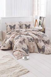 Set lenjerie de pat, DemoHome DEPPO, dublu king size din bumbac satinat (polycotton) cu model de FLUTURI DE VINTAGE, BEJ acasa – cearceaf plic, cearceaf pat, 2 fete de perna