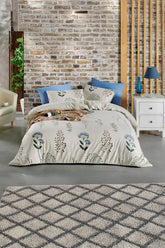 Set lenjerie de pat, DemoHome DEPPO, dublu king size din bumbac satinat (polycotton) cu model de FLORI DE PADURE, ALBASTRU acasa – cearceaf plic, cearceaf pat, 2 fete de perna