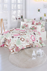 Set lenjerie de pat, DemoHome DEPPO, dublu king size din bumbac satinat (polycotton) cu model de INIMI IN RAMA, ALBASTRU acasa – cearceaf plic, cearceaf pat, 2 fete de perna