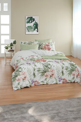 Set lenjerie de pat, DemoHome DEPPO, dublu king size din bumbac satinat (polycotton) cu model de GRADINA TROPICALA, ALB acasa – cearceaf plic, cearceaf pat, 2 fete de perna