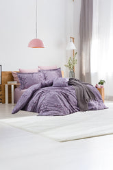 Set lenjerie de pat, DemoHome DEPPO, dublu king size din bumbac satinat (polycotton) cu model de RAMURI DE TOAMNA LILA, MOV acasa – cearceaf plic, cearceaf pat, 2 fete de perna