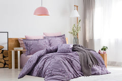 Set lenjerie de pat, DemoHome DEPPO, dublu king size din bumbac satinat (polycotton) cu model de RAMURI DE TOAMNA LILA, MOV acasa – cearceaf plic, cearceaf pat, 2 fete de perna