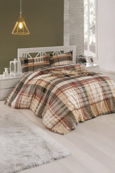 Set lenjerie de pat, DemoHome DEPPO, dublu king size din bumbac satinat (polycotton) cu model de CAROURI MARO, BEJ acasa – cearceaf plic, cearceaf pat, 2 fete de perna