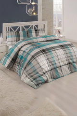 Set lenjerie de pat, DemoHome DEPPO, dublu king size din bumbac satinat (polycotton) cu model de CAROURI VERZI, ALB acasa – cearceaf plic, cearceaf pat, 2 fete de perna