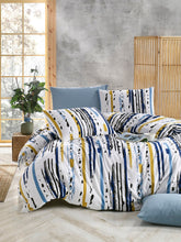 Set lenjerie de pat, DemoHome DEPPO, dublu king size din bumbac satinat (polycotton) cu model de PICTURI URBANE GALBEN, ALB acasa – cearceaf plic, cearceaf pat, 2 fete de perna