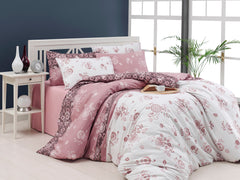 Set lenjerie de pat, DemoHome DEPPO, dublu king size din 100% bumbac ranforce cu model de FLOARE DE TRADITIONALA, ROZ acasa - cearcaf plic, cearceaf pat, 2 fete de perna