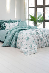 Set lenjerie de pat, DemoHome DEPPO, dublu king size din 100% bumbac ranforce cu model de FLOARE TRADITIONALA, VERDE acasa - cearcaf plic, cearceaf pat, 2 fete de perna