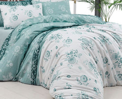 Set lenjerie de pat, DemoHome DEPPO, dublu king size din 100% bumbac ranforce cu model de FLOARE TRADITIONALA, VERDE acasa - cearcaf plic, cearceaf pat, 2 fete de perna