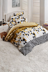 Set lenjerie de pat, DemoHome DEPPO, dublu king size din 100% bumbac ranforce cu model de PUZZLE IN MISCARE, ALB acasa - cearcaf plic, cearceaf pat, 2 fete de perna