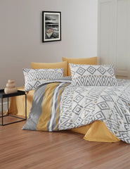 Set lenjerie de pat, DemoHome DEPPO, dublu king size din 100% bumbac ranforce cu model de SIMETRIE MODERNA, ALB acasa - cearcaf plic, cearceaf pat, 2 fete de perna