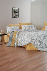 Set lenjerie de pat, DemoHome DEPPO, dublu king size din 100% bumbac ranforce cu model de SIMETRIE MODERNA, ALB acasa - cearcaf plic, cearceaf pat, 2 fete de perna