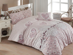 Set lenjerie de pat, DemoHome DEPPO, dublu king size din 100% bumbac ranforce cu model de INIMA DE DANTELA, ROZ acasa - cearcaf plic, cearceaf pat, 2 fete de perna