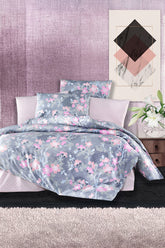 Set lenjerie de pat, DemoHome DEPPO, dublu king size din 100% bumbac ranforce cu model de FLOARE DE AMURG, GRI acasa - cearcaf plic, cearceaf pat, 2 fete de perna