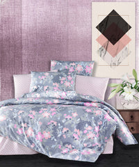 Set lenjerie de pat, DemoHome DEPPO, dublu king size din 100% bumbac ranforce cu model de FLOARE DE AMURG, GRI acasa - cearcaf plic, cearceaf pat, 2 fete de perna