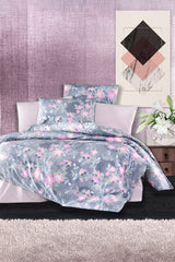 Set lenjerie de pat, DemoHome DEPPO, dublu king size din 100% bumbac ranforce cu model de FLOARE DE AMURG, GRI acasa - cearcaf plic, cearceaf pat, 2 fete de perna