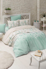 Set lenjerie de pat, DemoHome DEPPO, dublu king size din 100% bumbac ranforce cu model de PLANTA VIETII MENTA, VERDE acasa - cearcaf plic, cearceaf pat, 2 fete de perna