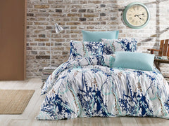 Set lenjerie de pat, DemoHome DEPPO, dublu king size din 100% bumbac ranforce cu model de OCEAN ABSTRACT, ALB acasa - cearcaf plic, cearceaf pat, 2 fete de perna
