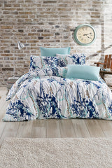 Set lenjerie de pat, DemoHome DEPPO, dublu king size din 100% bumbac ranforce cu model de OCEAN ABSTRACT, ALB acasa - cearcaf plic, cearceaf pat, 2 fete de perna