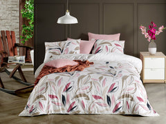 Set lenjerie de pat, DemoHome DEPPO, dublu king size din 100% bumbac ranforce cu model de LALELE MODERNE, ROZ acasa - cearcaf plic, cearceaf pat, 2 fete de perna