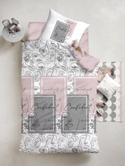 Set lenjerie de pat, DemoHome DEPPO, single simplu din 100% bumbac ranforce cu model de ENIGMA, ALB acasa - cearcaf plic, cearceaf pat, fata de perna