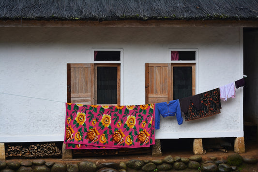 blue and orange textile on roof