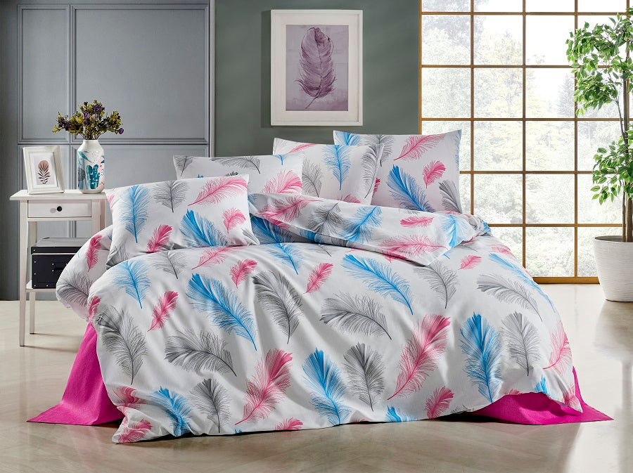 Set lenjerie de pat, DemoHome DEPPO, dublu king size din bumbac satinat (polycotton) cu model de OENE DE VIS, ALB acasa – cearceaf plic, cearceaf pat, 2 fete de perna