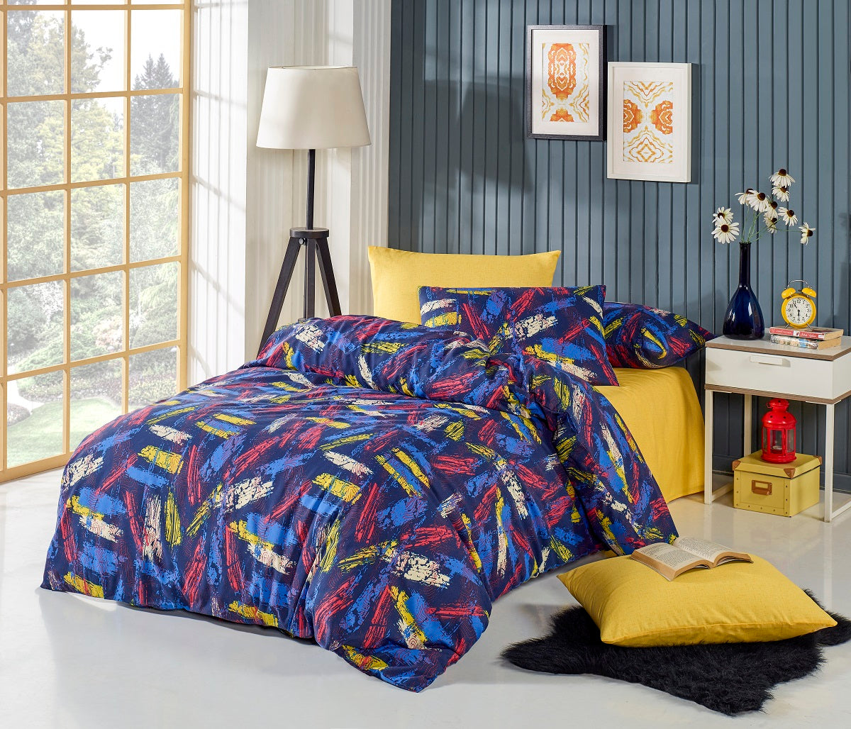 Set lenjerie de pat, DemoHome DEPPO, dublu king size din bumbac satinat (polycotton) cu model de GRAFFITI URBAN, BLEUMARIN acasa – cearceaf plic, cearceaf pat, 2 fete de perna