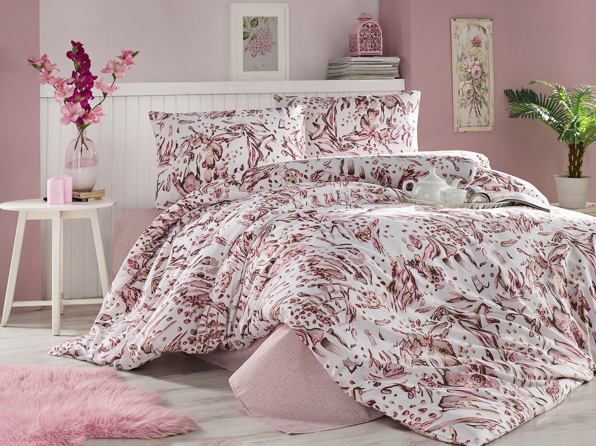 Set lenjerie de pat, DemoHome DEPPO, dublu king size din bumbac satinat (polycotton) cu model de FRUNZE DE ACUARELA ROZ, ALB acasa – cearceaf plic, cearceaf pat, 2 fete de perna