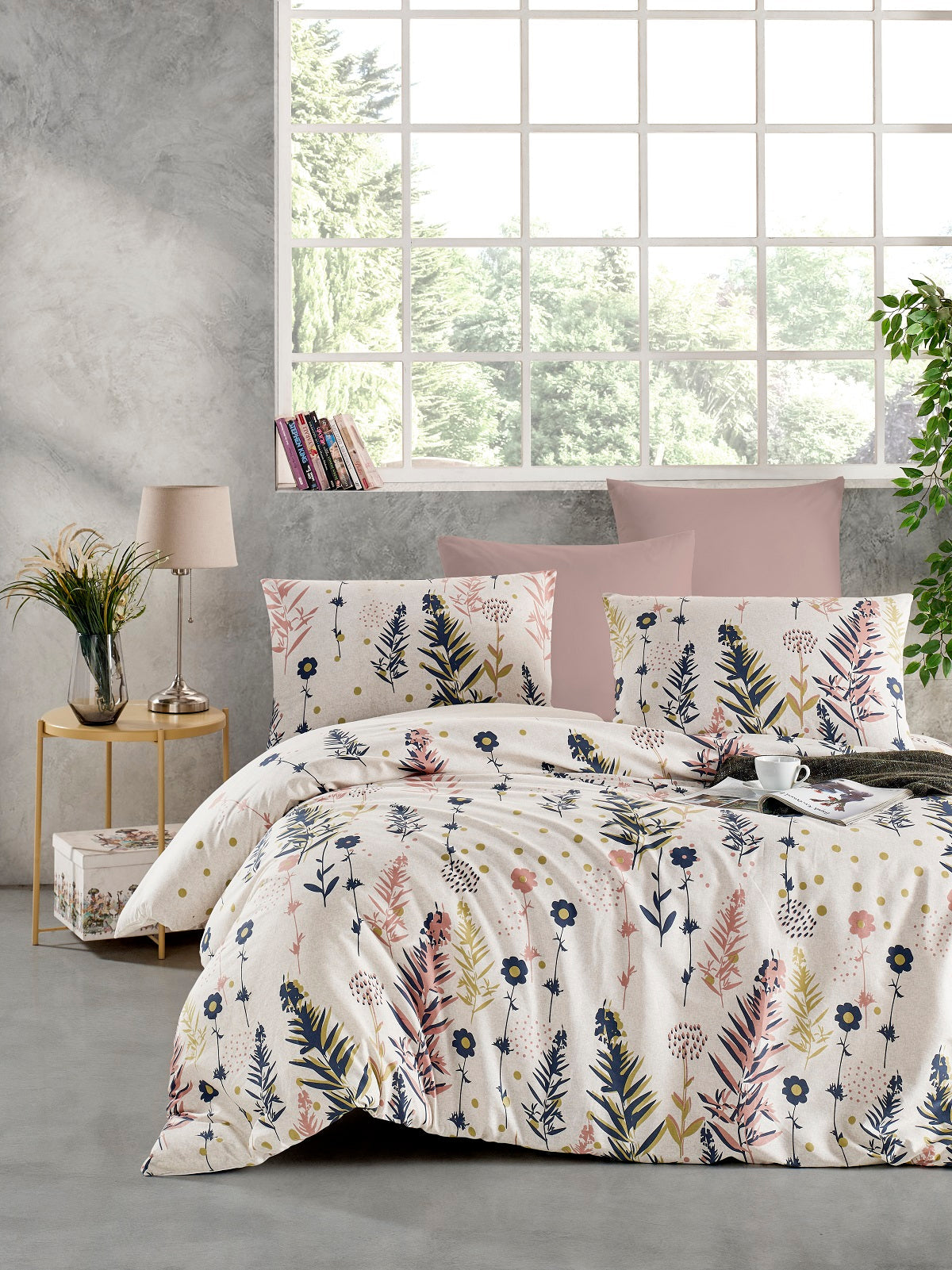 Set lenjerie de pat, DemoHome DEPPO, dublu king size din bumbac satinat (polycotton) cu model de FLORI DE CAMP, ALBASTRU acasa – cearceaf plic, cearceaf pat, 2 fete de perna