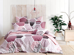 Set lenjerie de pat, DemoHome DEPPO, dublu king size din bumbac satinat (polycotton) cu model de Geometrie Roz, ROZ acasa – cearceaf plic, cearceaf pat, 2 fete de perna