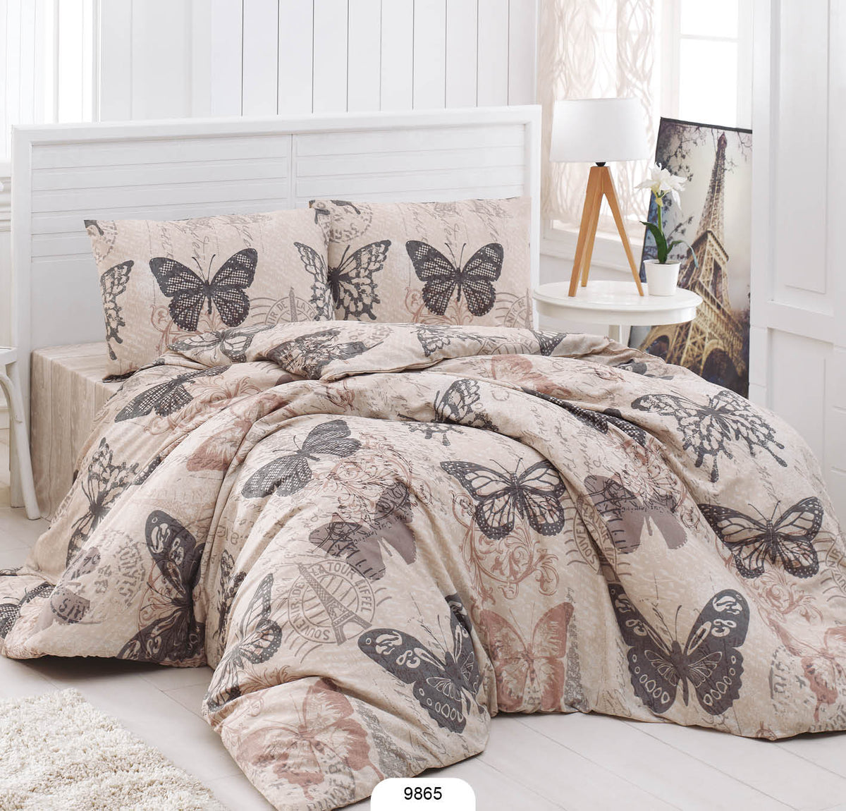Set lenjerie de pat, DemoHome DEPPO, dublu king size din bumbac satinat (polycotton) cu model de FLUTURI DE VINTAGE, BEJ acasa – cearceaf plic, cearceaf pat, 2 fete de perna