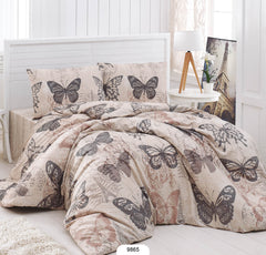 Set lenjerie de pat, DemoHome DEPPO, dublu king size din bumbac satinat (polycotton) cu model de FLUTURI DE VINTAGE, BEJ acasa – cearceaf plic, cearceaf pat, 2 fete de perna