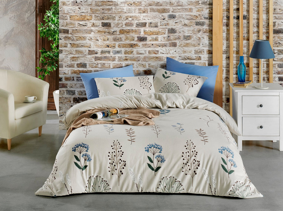 Set lenjerie de pat, DemoHome DEPPO, dublu king size din bumbac satinat (polycotton) cu model de FLORI DE PADURE, ALBASTRU acasa – cearceaf plic, cearceaf pat, 2 fete de perna