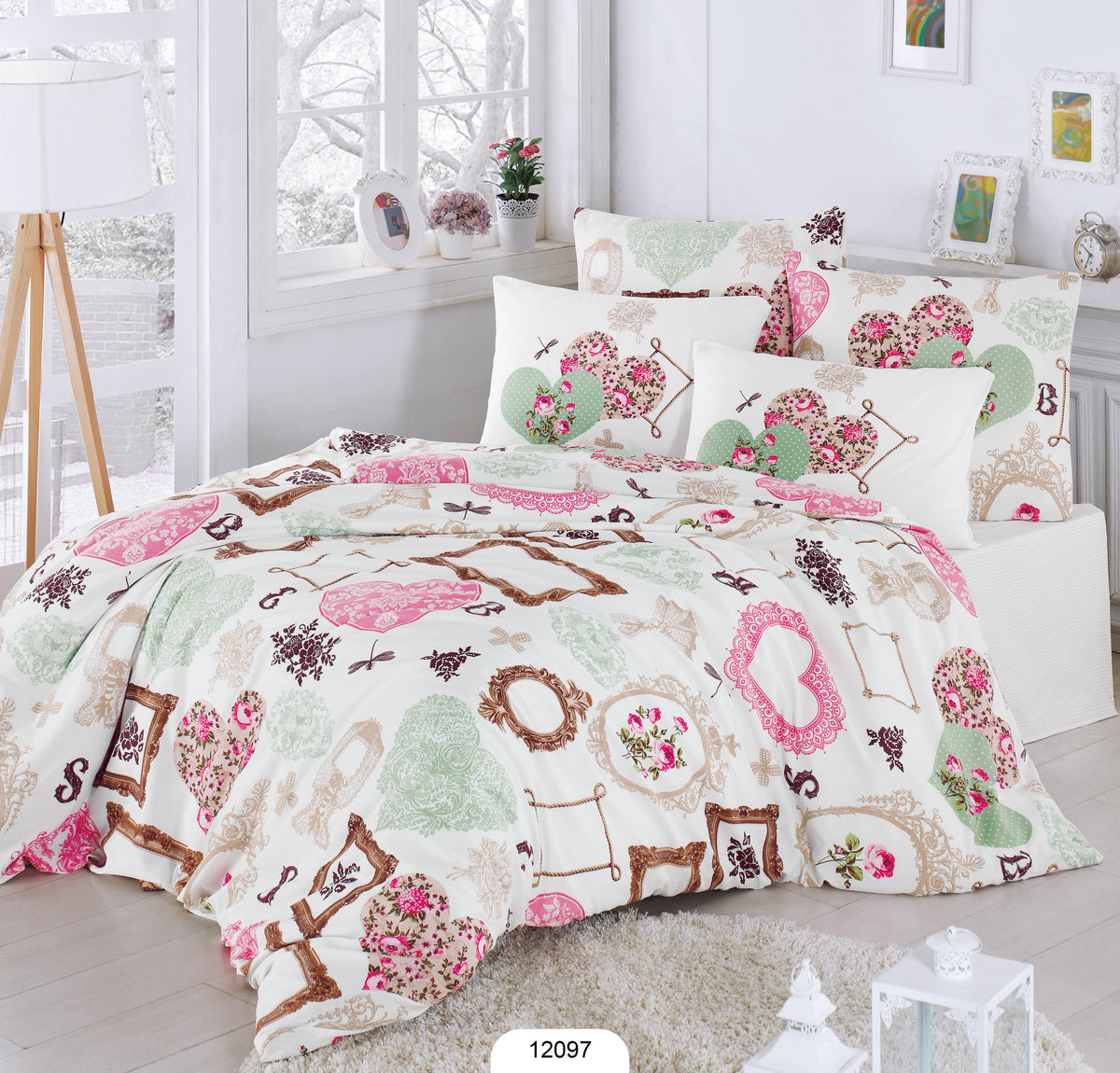 Set lenjerie de pat, DemoHome DEPPO, dublu king size din bumbac satinat (polycotton) cu model de INIMI IN RAMA, ALBASTRU acasa – cearceaf plic, cearceaf pat, 2 fete de perna