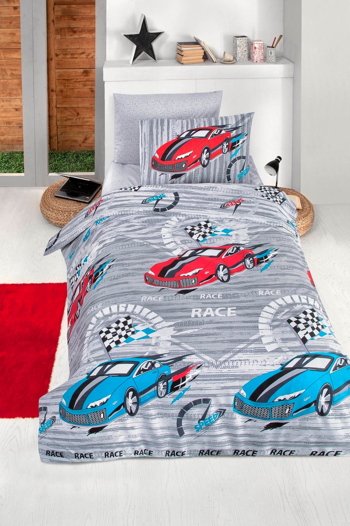 Set lenjerie de pat, DemoHome DEPPO, single simplu din bumbac satinat (polycotton) cu model de TURBO JUNIOR, GRI acasa – cearceaf plic, cearceaf pat, fata de perna