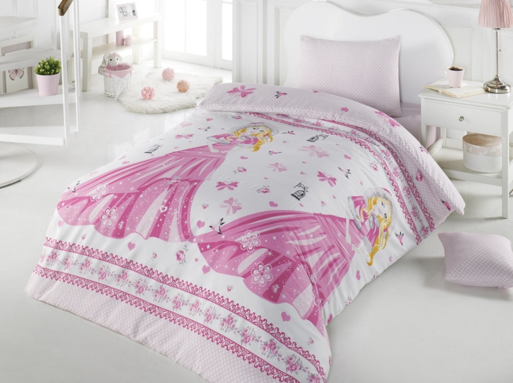 Set lenjerie de pat, DemoHome DEPPO, single simplu din bumbac satinat (polycotton) cu model de PRINTESA ROZ, ALB acasa – cearceaf plic, cearceaf pat, fata de perna