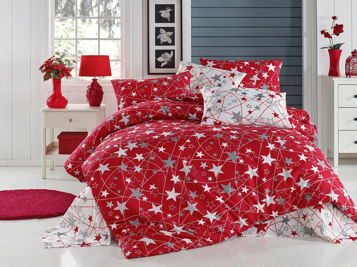 Set lenjerie de pat, DemoHome DEPPO, dublu king size din bumbac satinat (polycotton) cu model de STELE ROSII, ROSU acasa – cearceaf plic, cearceaf pat, 2 fete de perna