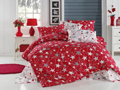 Set lenjerie de pat, DemoHome DEPPO, dublu king size din bumbac satinat (polycotton) cu model de STELE ROSII, ROSU acasa – cearceaf plic, cearceaf pat, 2 fete de perna