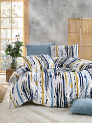 Set lenjerie de pat, DemoHome DEPPO, dublu king size din bumbac satinat (polycotton) cu model de PICTURI URBANE GALBEN, ALB acasa – cearceaf plic, cearceaf pat, 2 fete de perna