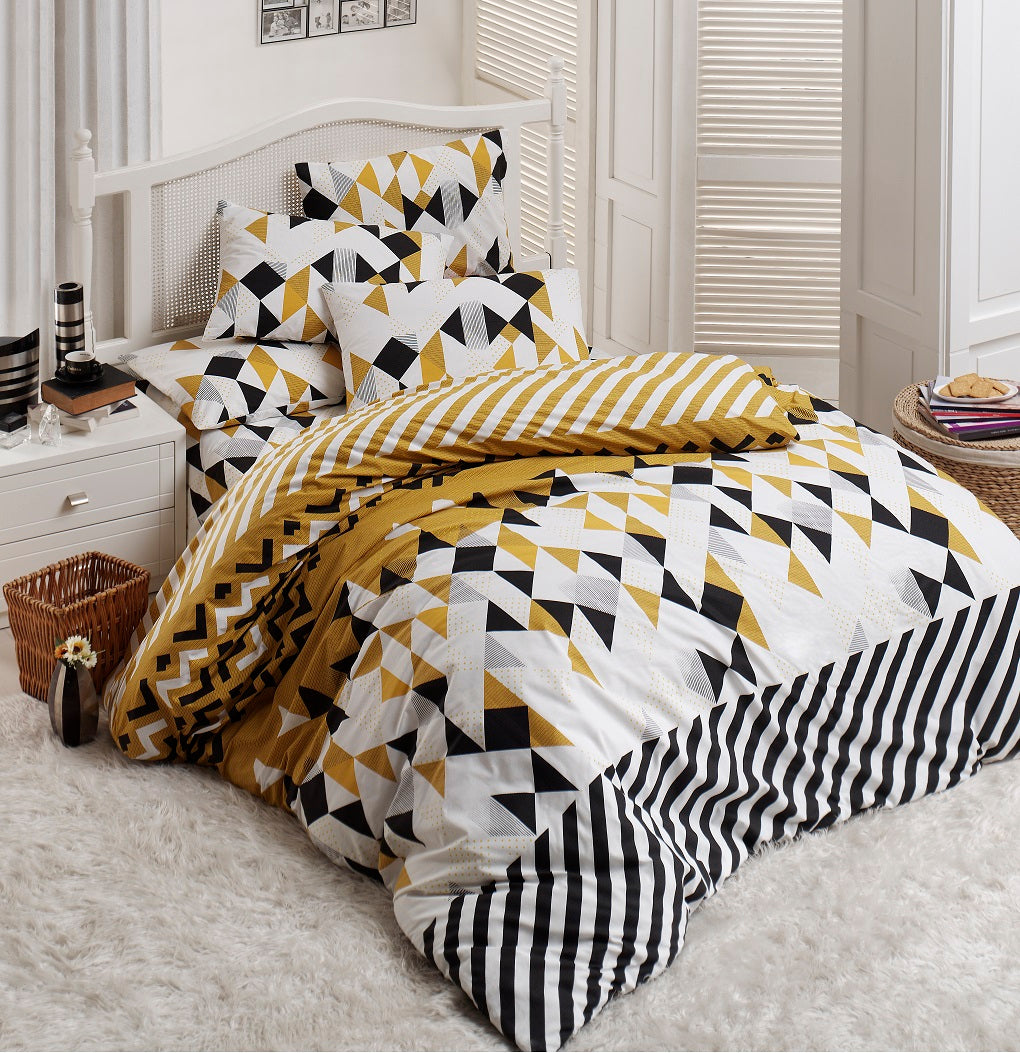 Set lenjerie de pat, DemoHome DEPPO, dublu king size din 100% bumbac ranforce cu model de PUZZLE IN MISCARE, ALB acasa - cearcaf plic, cearceaf pat, 2 fete de perna