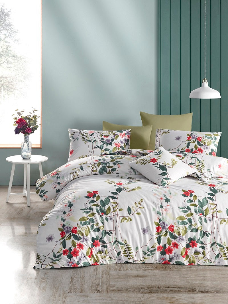 Set lenjerie de pat, DemoHome DEPPO, dublu king size din 100% bumbac ranforce cu model de GRADINA VIETII, ALB acasa - cearcaf plic, cearceaf pat, 2 fete de perna