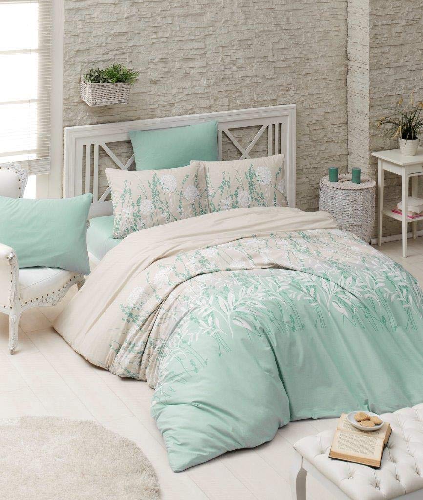 Set lenjerie de pat, DemoHome DEPPO, dublu king size din 100% bumbac ranforce cu model de PLANTA VIETII MENTA, VERDE acasa - cearcaf plic, cearceaf pat, 2 fete de perna