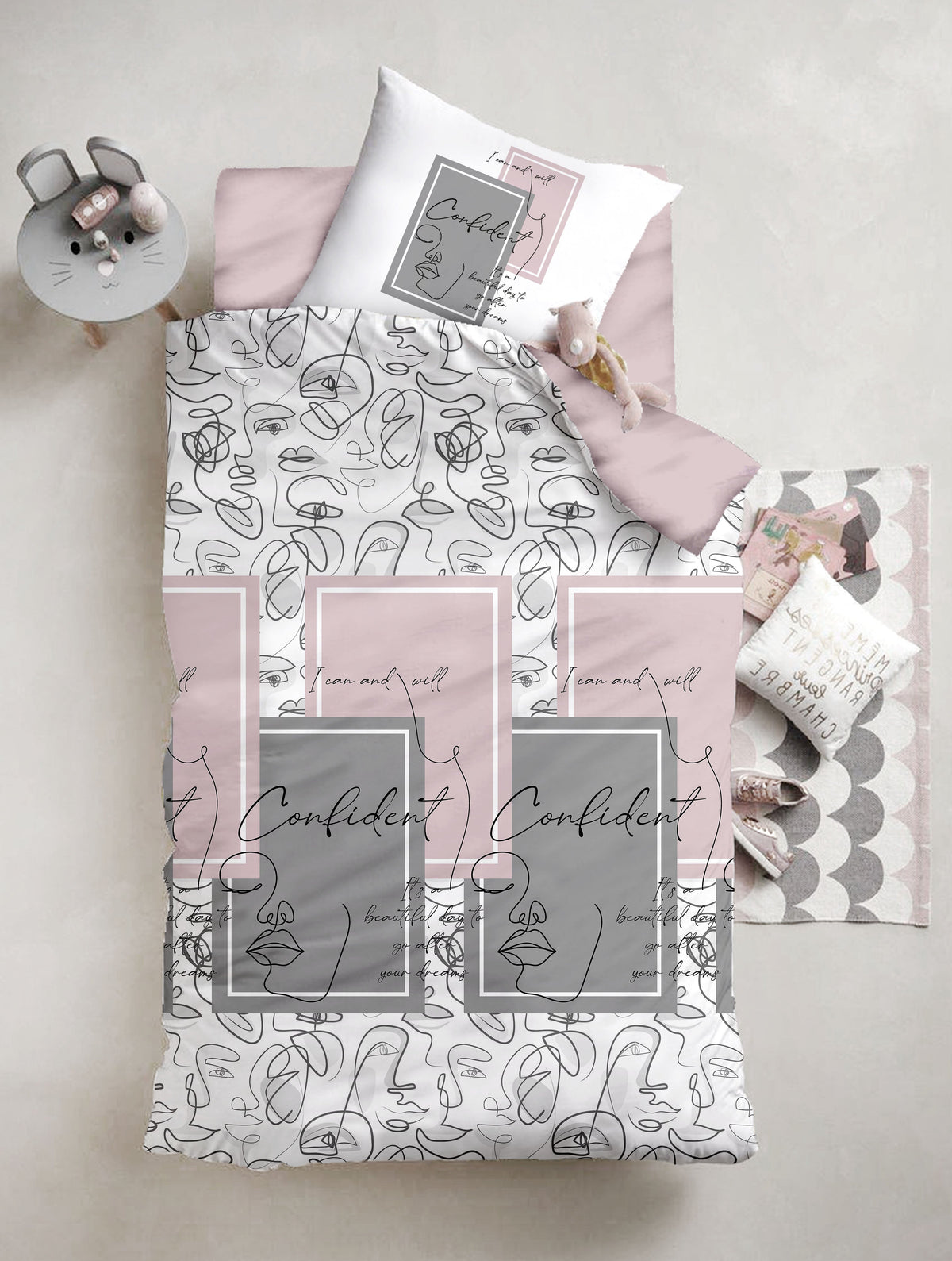 Set lenjerie de pat, DemoHome DEPPO, single simplu din 100% bumbac ranforce cu model de ENIGMA, ALB acasa - cearcaf plic, cearceaf pat, fata de perna