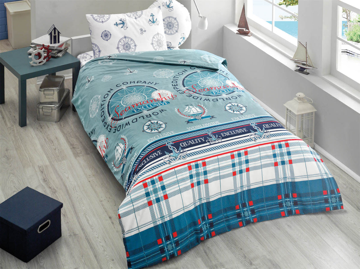 Set lenjerie de pat, DemoHome DEPPO, single simplu din 100% bumbac ranforce cu model de EXPEDITIA MARINA, MULTICOLOR acasa - cearcaf plic, cearceaf pat, fata de perna